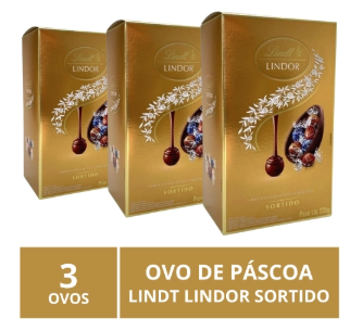 3 Ovos de Páscoa, Lindt Lindor, Chocolate Sortido, 235g